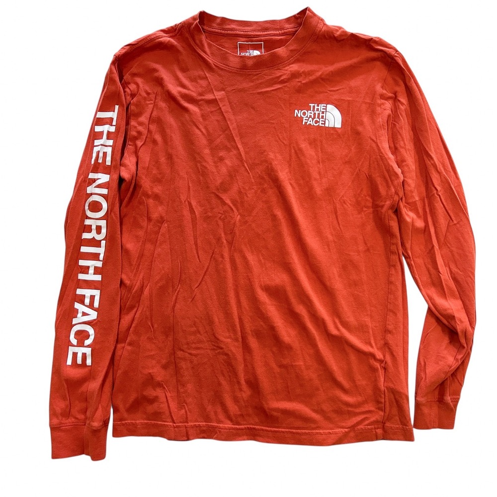 The North Face Men's Longsleeve Tee Shirt Small Orange Logo Print Cotton TShirt